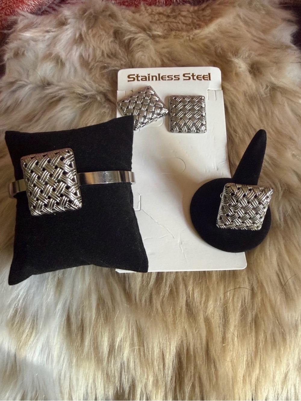 Stainless Steel Woven Square Bracelet and Adjustable Ring and Earring Set